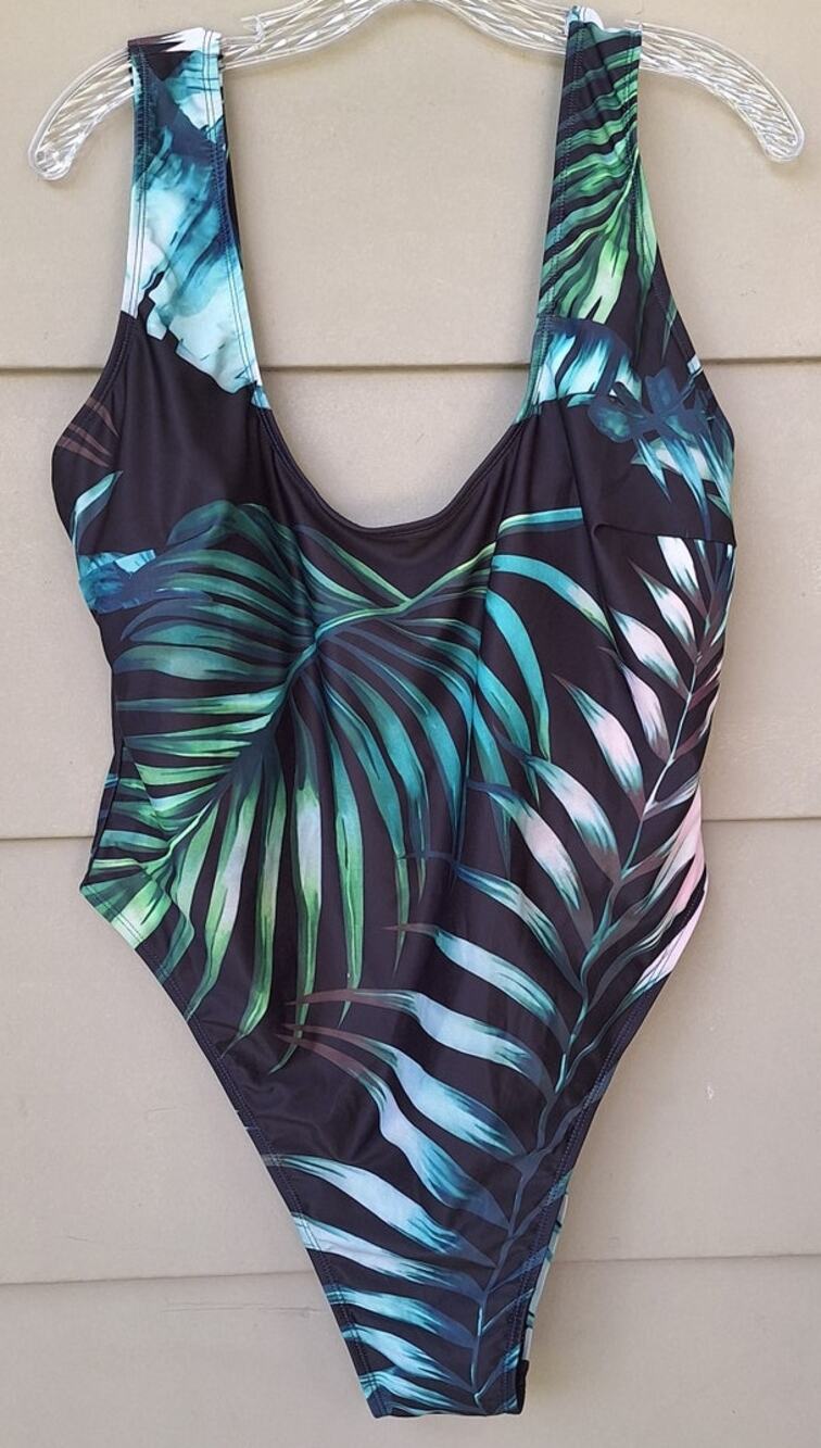 New Fashion Nova Emmalyn Tropical one piece Swimsuit Black Green French Cut 2X